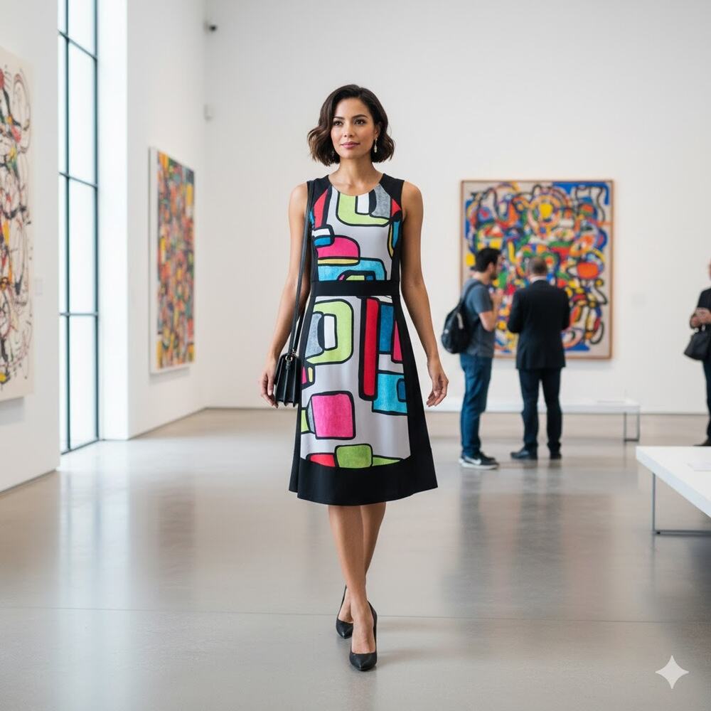 Art by Dolcezza Vibrant Colorful Abstract Print A-Line Midi Dress Women's M